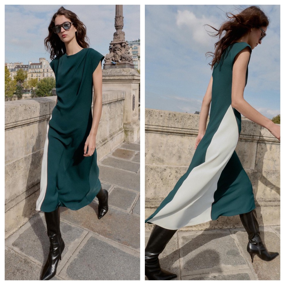 Zara Colorblock Draped Midi Dress Forest Green Cream 5029/215/080 Womens Size S
